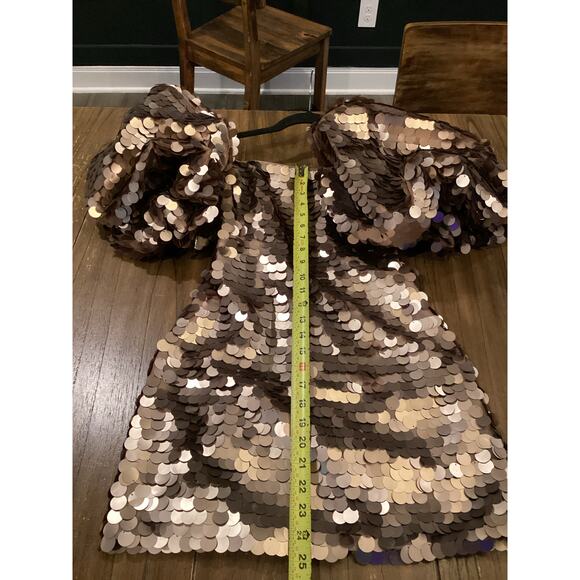 LEO LIN Brenda Gold Brown Sequin Puff Sleeve Statement Piece Mini Dress US 2 NWT - Picture 6 of 11